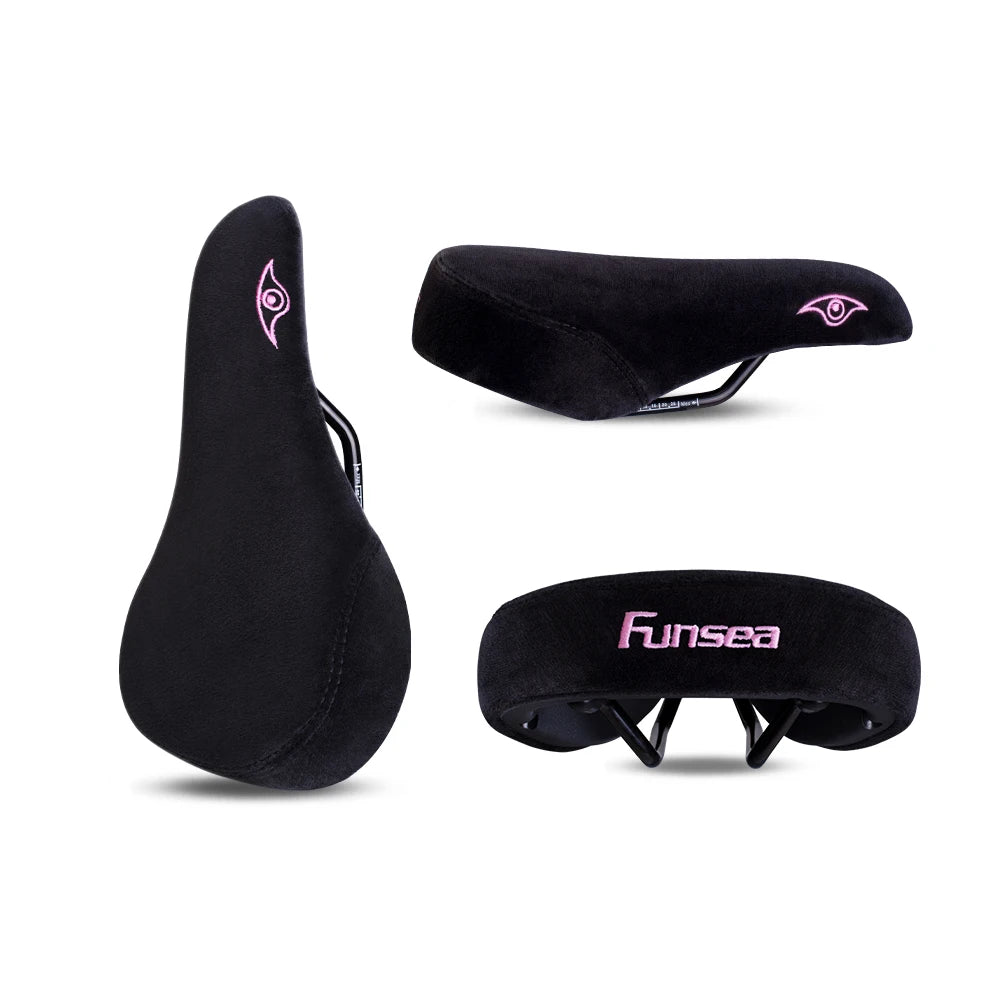 Funsea Wheelie Bike Seat – Pink Flannelette Stunt Saddle for Girls with 8mm Rail & Embroidered Logo