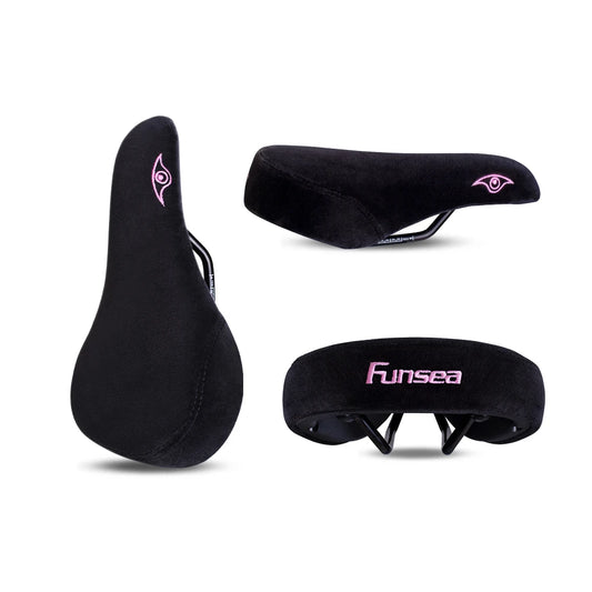 Funsea Wheelie Bike Seat – Pink Flannelette Stunt Saddle for Girls with 8mm Rail & Embroidered Logo