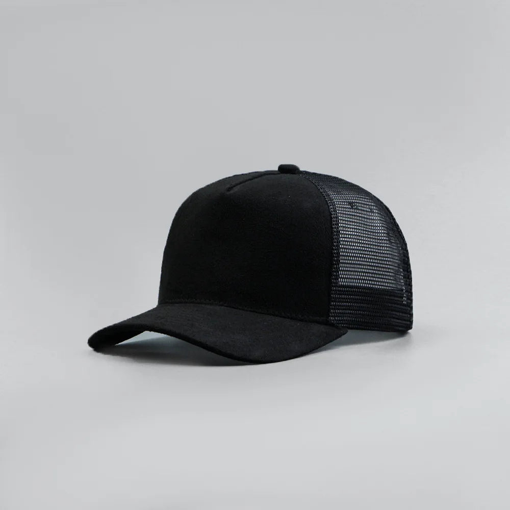 Custom Logo Suede Five Panel Cap - Leather Label Mesh Trucker Hat for Men & Women