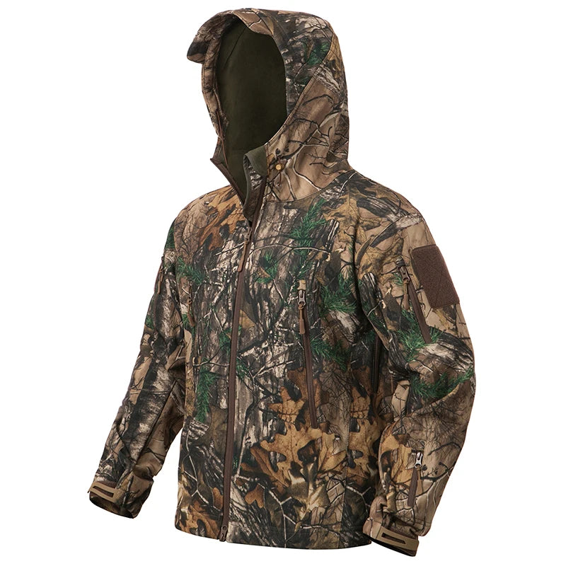 Men’s Silent Soft Shell Tactical Jacket | Waterproof, Warm Fleece Camouflage Hunting & Outdoor Hooded Coat