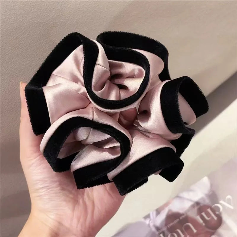 Velvet-Edged Satin Bloom Scrunchie - Elegant Hair Tie for Everyday Style