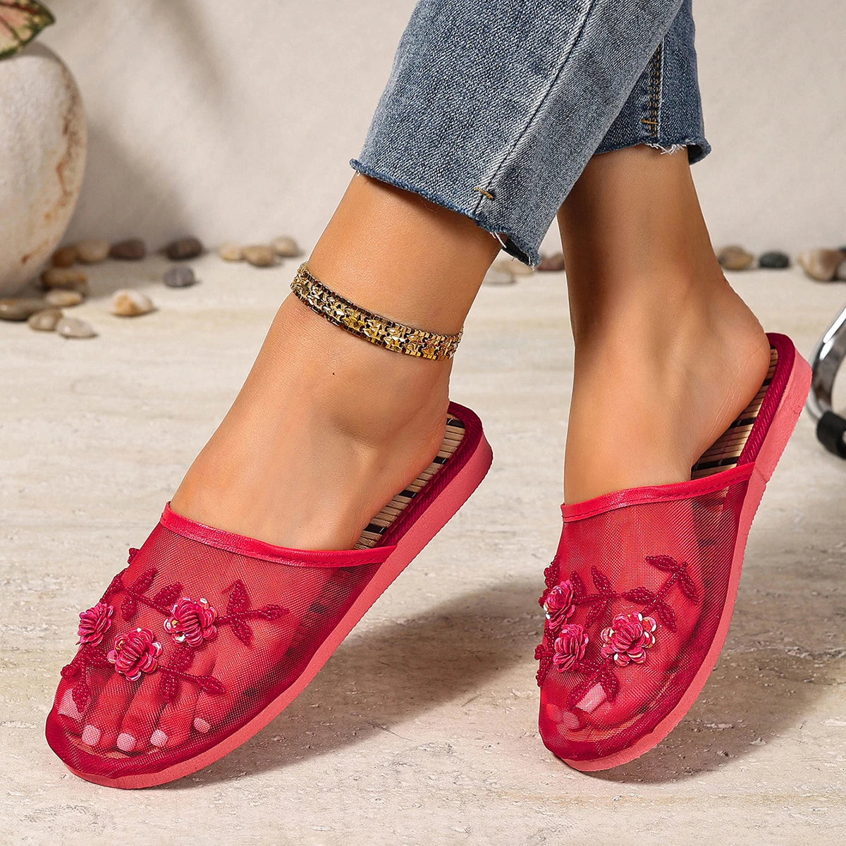 Women’s Embroidered Sequin Flower Mules - Breathable Mesh Closed-Toe Soft Sole Summer Sandals