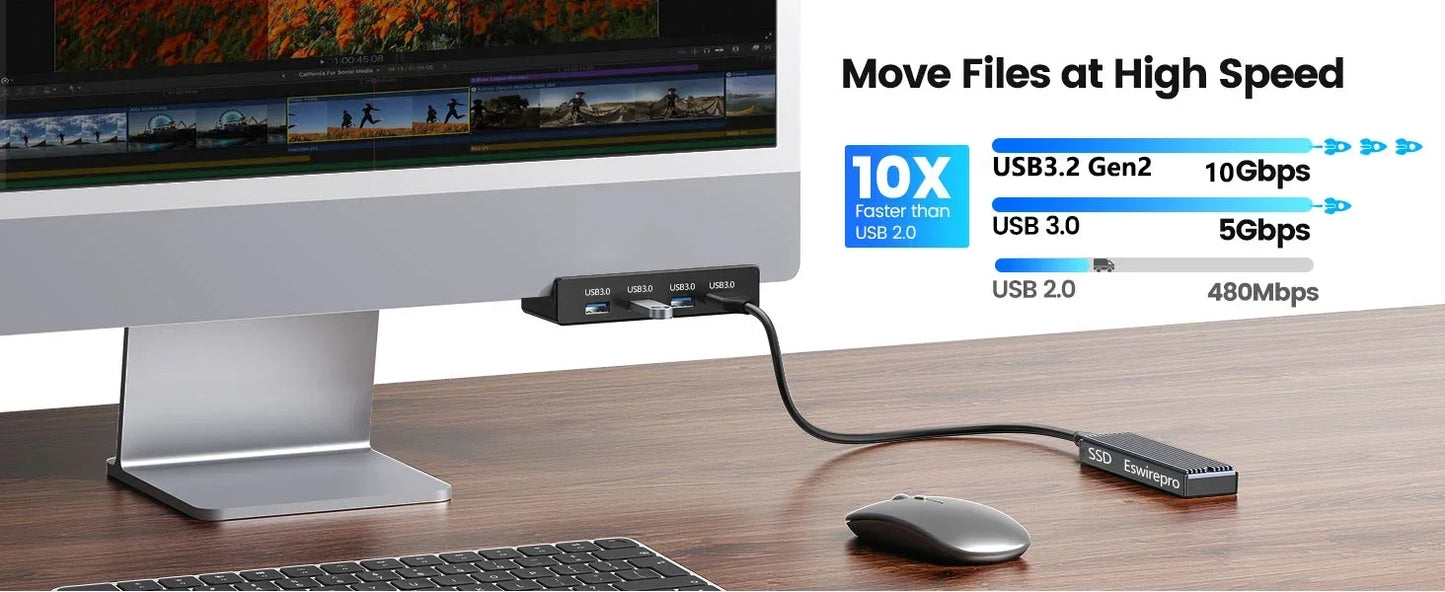 Aluminum 4-Port USB 3.0 Hub — High-Speed Clip Hub with Power Supply, 5–10Gbps Data Transfer, USB 3.2 for Mac & PC