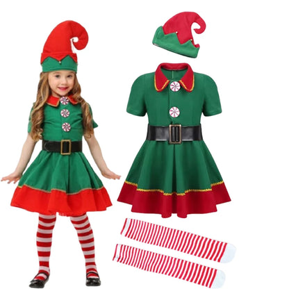 Kids Christmas Elf Costume Set – Green Santa Helper Outfit with Hat for Boys & Girls Holiday Party & Performance Wear