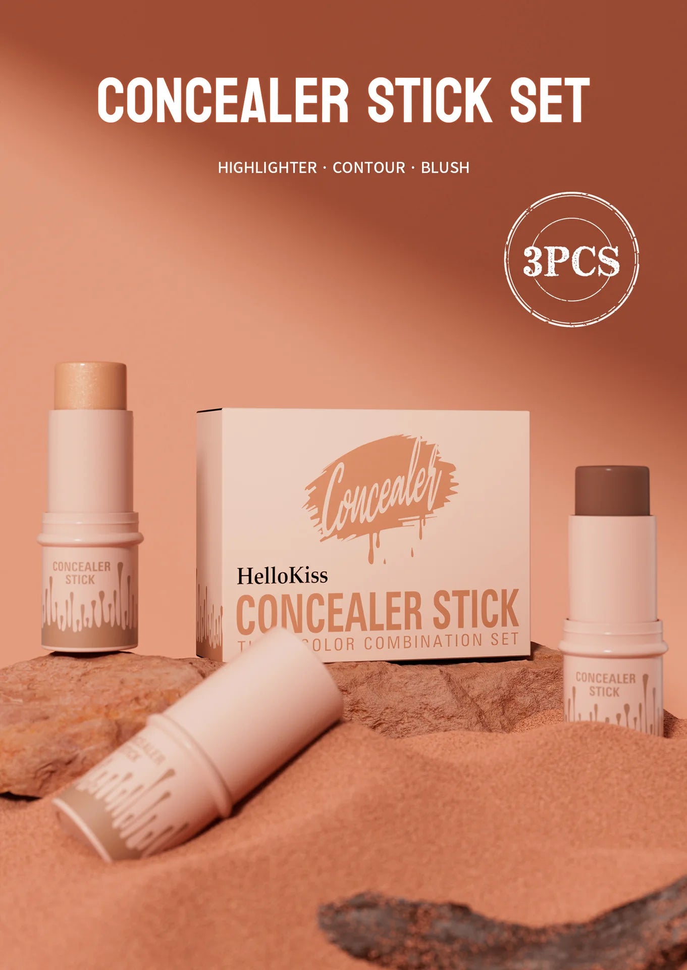 Hellokiss Multifunctional Grooming Stick 3-Piece Set – 3D Modification, Highlight & Brightening Blush Stick
