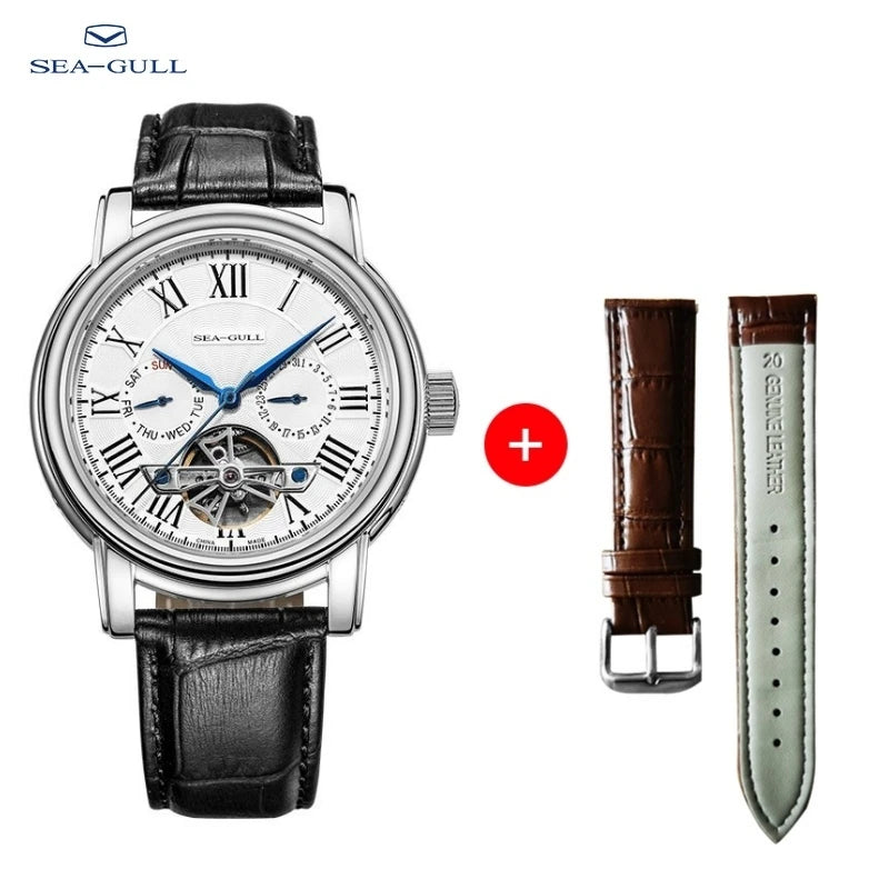 Seagull Men’s Automatic Mechanical Watch - Multi-Function Hollow Flywheel Business Wristwatch