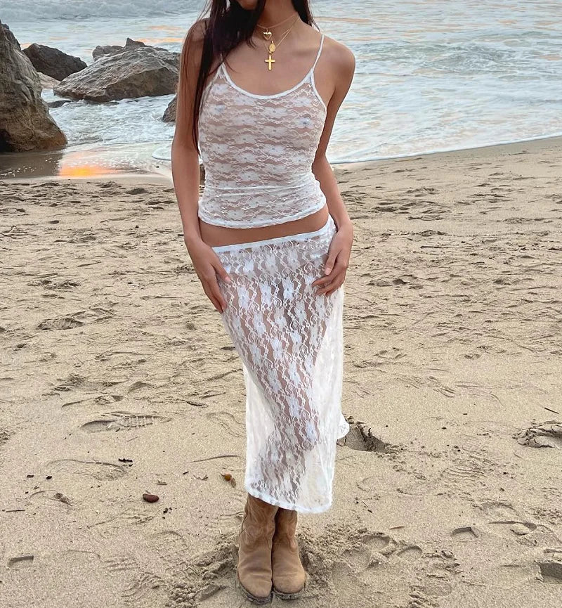 Women Y2K 2-Piece Skirt Set – Lace Flower See-Through Sleeveless Camisole & Wrapped Midi Skirt Summer Beach Outfit Suit