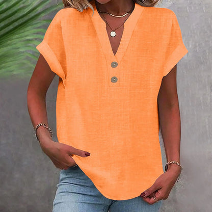 Women’s Cotton Linen Button-Down V-Neck Shirt – Breathable Solid Color Summer Office Casual Top 2025