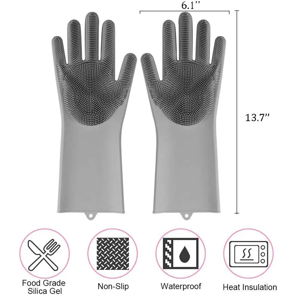 Magic Silicone Rubber Dishwashing Gloves - Household Kitchen Cleaning Tools with Built-in Sponge Scrubber - Durable and Versatile Cleaning Gloves