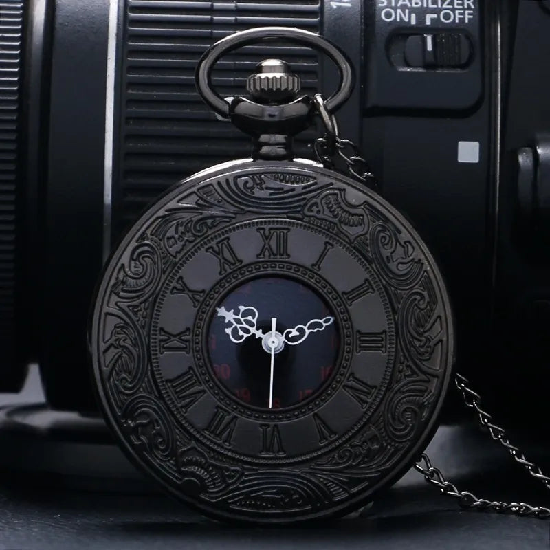 Vintage Black Roman Numeral Pocket Watch - Unisex Steampunk Quartz Necklace Pendant with Chain, Gift Style P427