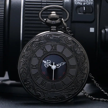 Vintage Black Roman Numeral Pocket Watch - Unisex Steampunk Quartz Necklace Pendant with Chain, Gift Style P427