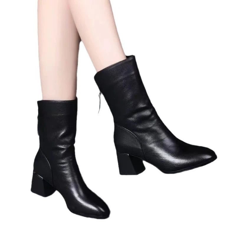 Women’s Versatile Leather Boots - Anti-Slip High Heel Casual Shoes for Fashionable Everyday Wear