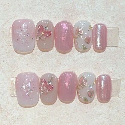 10 Pcs Pink Handmade Press-On Nails – Full Cover Bear & Heart Design with Rhinestones, Short Round Manicure Tips