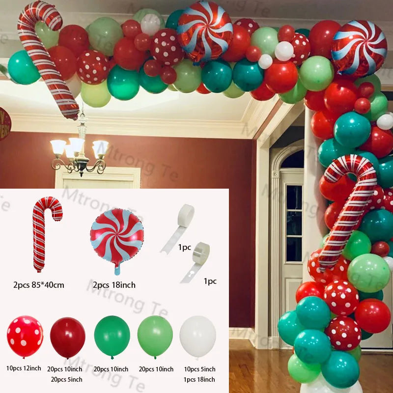 Christmas Balloon Garland Arch – Red & Green Balloons, Star, Santa, and Gift Box Foil Balloons for Xmas and New Year Decoration