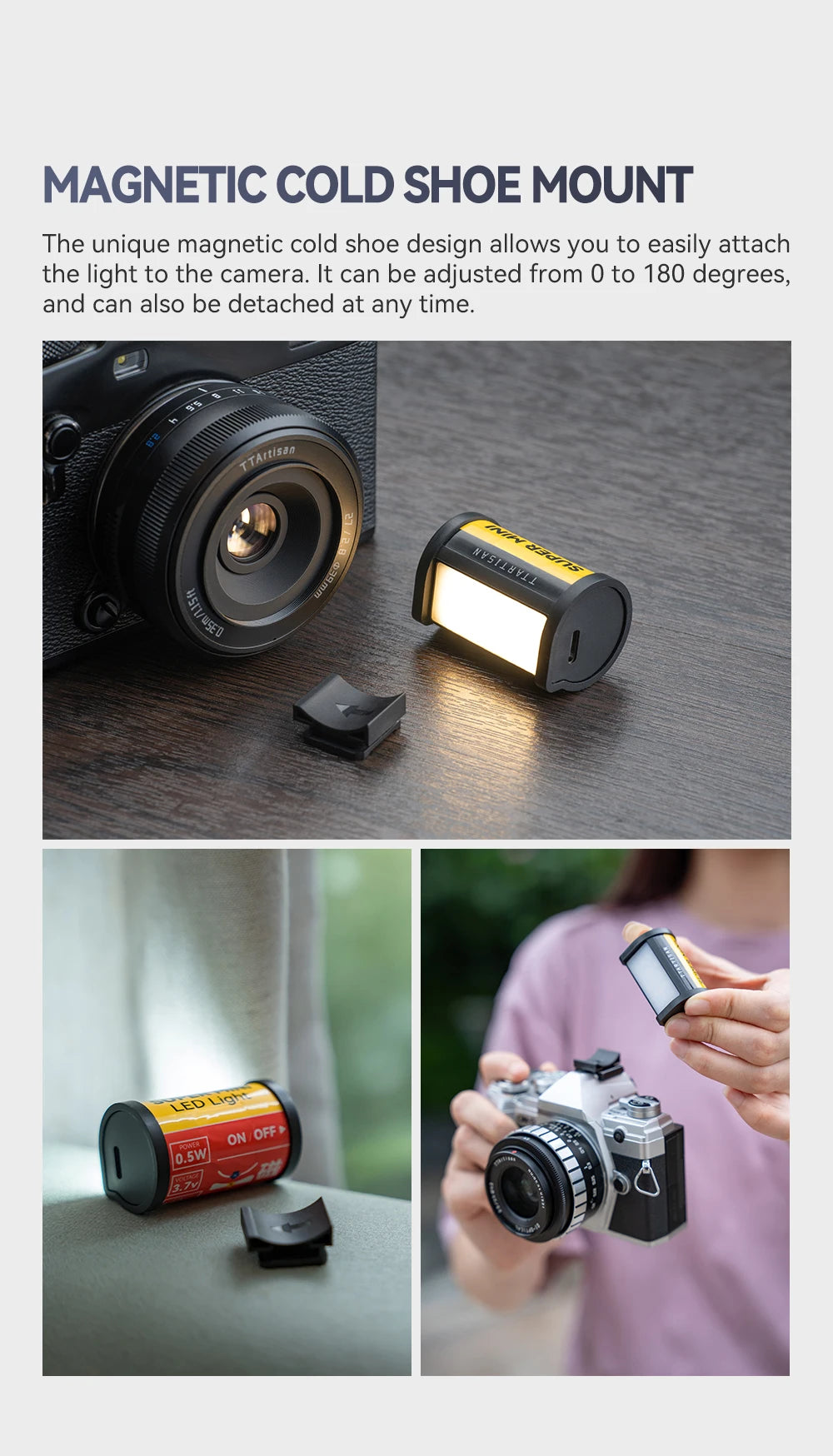 TTARTISAN Mini LED Fill Light - Magnetic Mount Retro Film Style Video Light, 0.5W, 3000/4500/6000K, CRI 95+, 300mAh Cold Shoe
