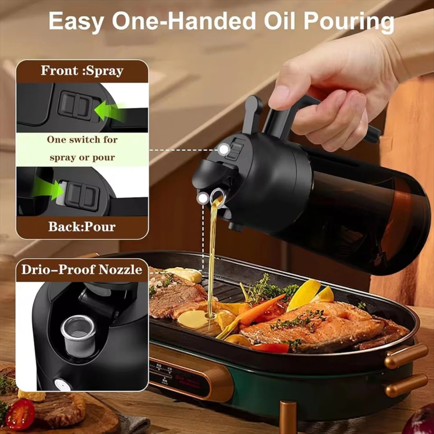 16oz/470ML Brown Oil Sprayer – 2-in-1 Light-Blocking Olive Oil Dispenser Bottle for Cooking and Seasoning