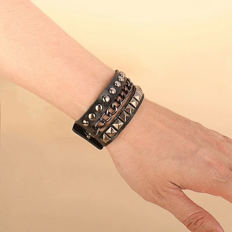 Punk Rock Hip Hop PU Leather Bracelet – Unisex Skull, Pentagram & Rivet Chain Bracelet, Trendy Party Jewelry Accessory