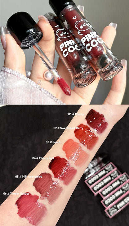 PINKCOCO Bear Doodle Mirror Lip Glaze – Long-Lasting Shiny Nude Lip Gloss, Skin-Brightening Student-Friendly Lipstick