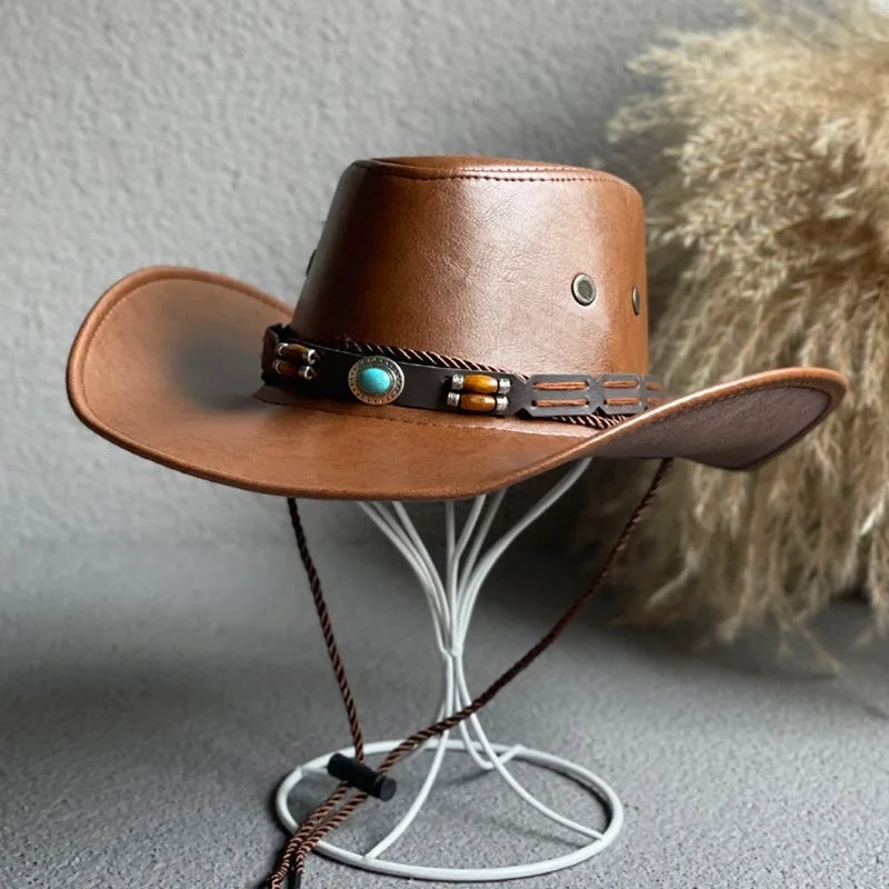 Faux Leather Western Cowboy Hat – Vintage Panama Cowgirl & Gentleman Hat for Women & Men