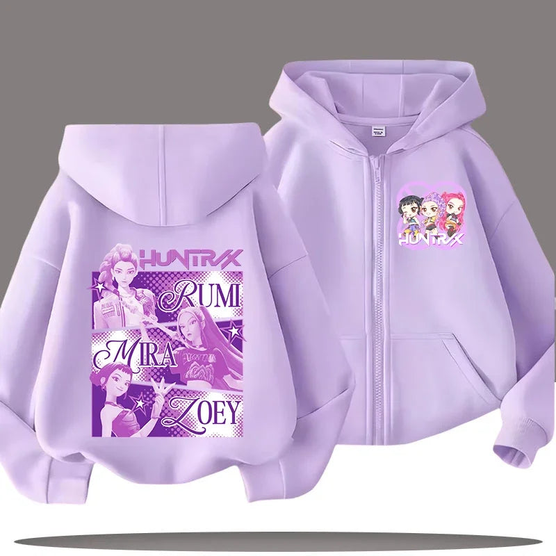 Funny Kpop Demon Hunters Zip-Up Sweatshirt – Kids Hoodie for Girls & Boys, Casual Zipper Hoody Top