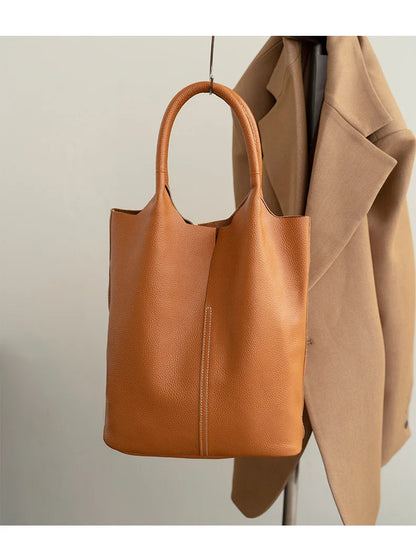 Genuine Leather Women’s Commuter Tote Bag — Soft Cowhide Shoulder Handbag, Large Capacity Bucket Bag, 2025 New