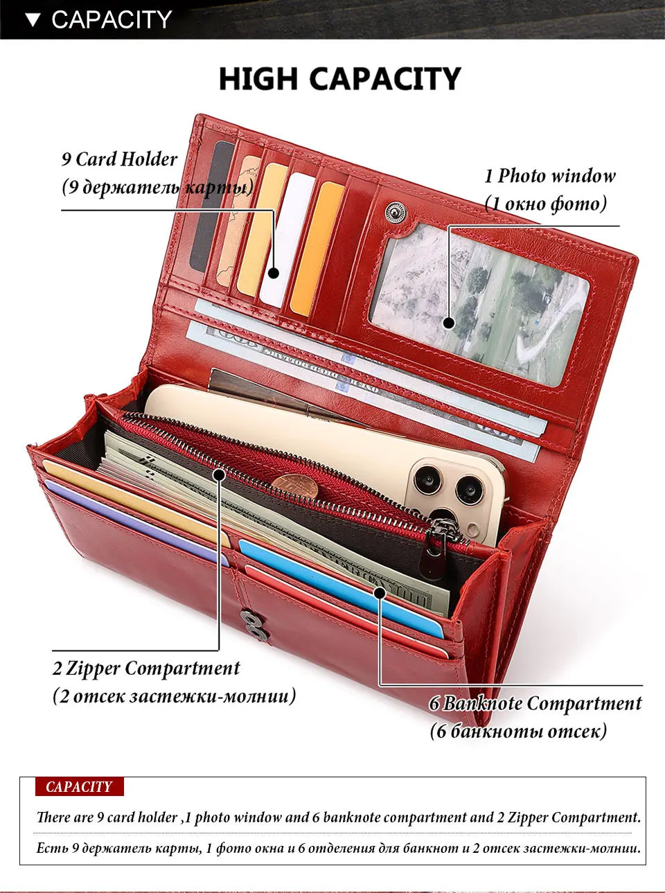 Women’s Genuine Leather Clutch Wallet – RFID Blocking Phone Purse with Zipper Pocket & Card Holder
