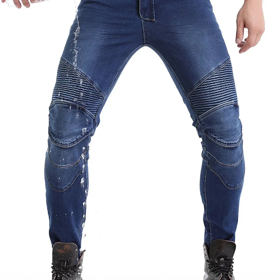 Men's Embroidery Motorcycle Jeans – Protective Gear with Belt, Motocross Pants for Driver License Test & Riding