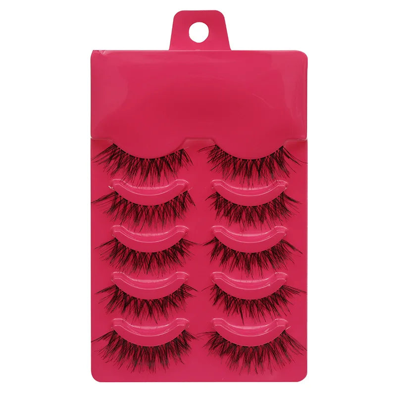 Manga Lashes 5 Pairs – Anime Cosplay Faux Mink Short Full Strip Lashes, Korean Natural Look, Clear Band Soft Eyelash Extensions