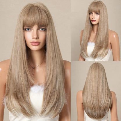 ALAN EATON Blonde Layered Synthetic Wig with Bangs – Long Straight Heat-Resistant Wig for Women & Girls, Natural Daily Hair