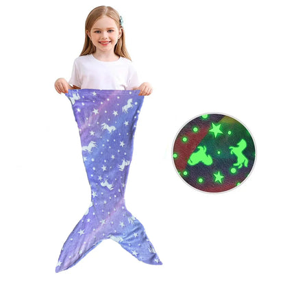 Cartoon Rainbow Unicorn Mermaid Tail Blanket — Super Soft Glow-in-the-Dark Flannel Blanket, Perfect Gift for Girls
