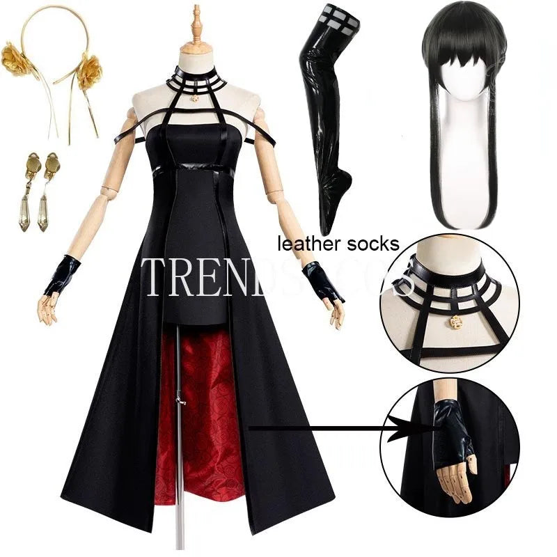 Yor Forger Cosplay Costume Full Set – Headband, Wig, Earrings, Elastic Thigh Stockings & Dress for Comic Con