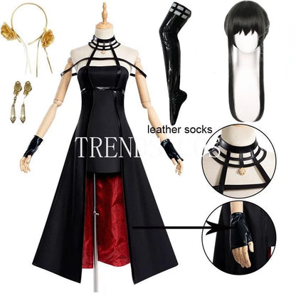 Yor Forger Cosplay Costume Full Set – Headband, Wig, Earrings, Elastic Thigh Stockings & Dress for Comic Con