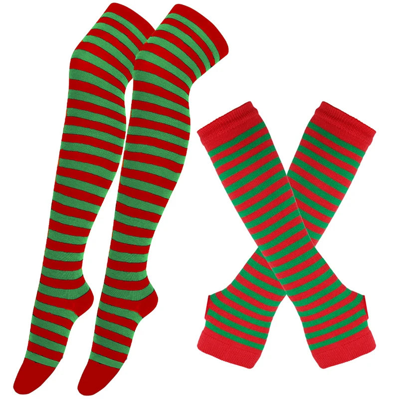 Women’s Over-Knee Long Stripe Socks & Arm Sleeve Gloves – Cute Plus Size Thigh High Cotton Socks