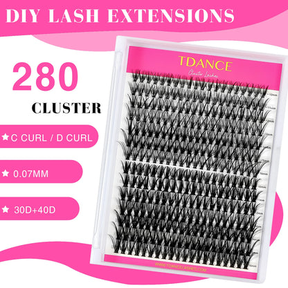 TDANCE 280PCS DIY Lash Extension Kit – Mix Clusters (30D/40D) with Bond, Seal & Remover for At-Home Application