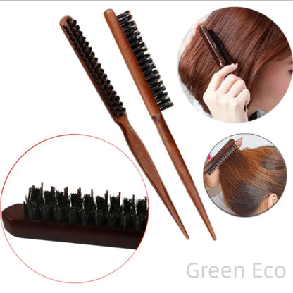 Professional Salon Teasing Brush – Boar Bristle Wood Slim Comb for Backcombing, Hair Extensions & DIY Styling