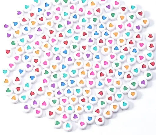 100Pcs 7mm Acrylic Flat Round Beads – Colorful Heart Pattern Spacer Beads for DIY Bracelet & Earring Jewelry Making Supplies