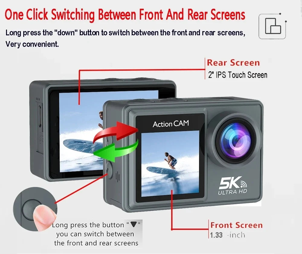 5K Action Camera – 4K 60FPS Dual IPS Touchscreen, WiFi, 170° Wide-Angle, 30M Waterproof, 5X Zoom, Anti-Shake, Remote Control