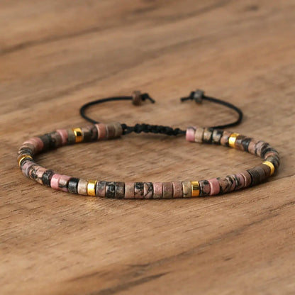 Natural Blue Emperor Stone Beaded Bracelet – Polished Block Beads, Adjustable Woven Rope Women’s Gift Jewelry
