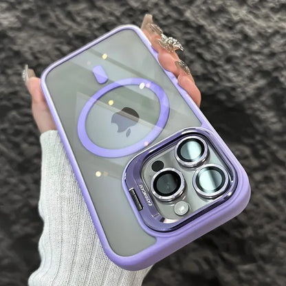 Luxury Magnetic Shockproof Phone Case - MagSafe Compatible iPhone Cover with Stand & Glass Lens Protection for iPhone 17 16 15 14 13 12 11 Pro Max