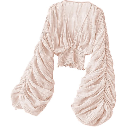 Women's Draped Chiffon Blouse - Elegant V-Neck Puff Sleeve Slim-Fit Party Top for Summer Fashion