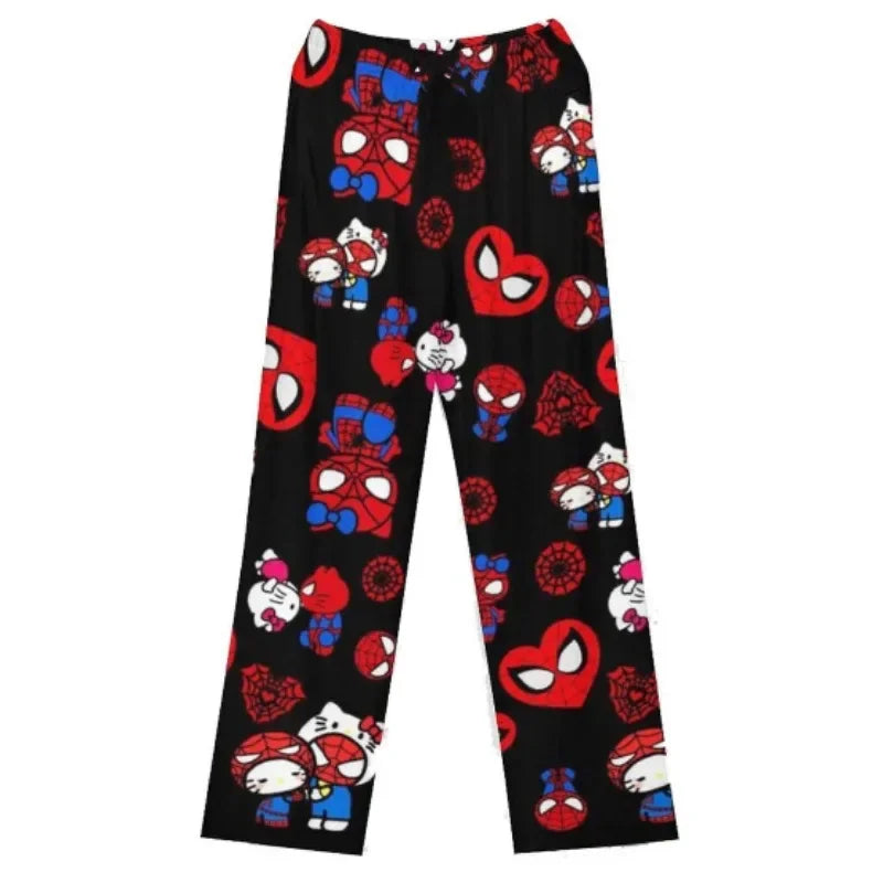 Hello Kitty Spider-Man Cotton Pajama Pants | Loose Cartoon Sleep Bottoms for Women and Men | Comfortable Lounge Wear for Girls