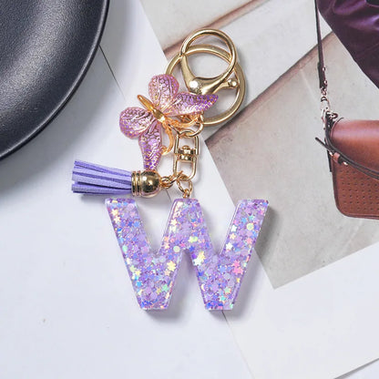 A-Z Initial Letter Sequin Keychain - Purple Butterfly Tassel Resin Keyring Backpack Charm Gift