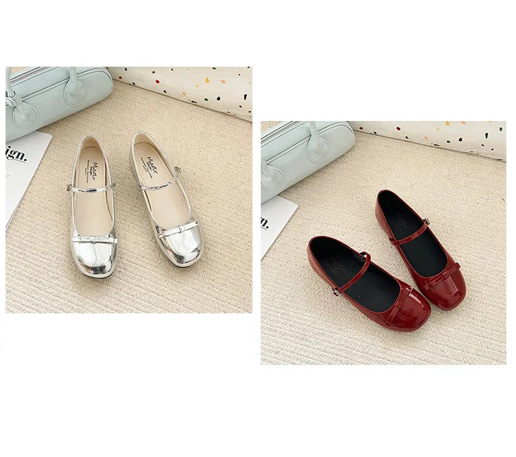 Spring Autumn Wine Red Mary Jane Shoes – Women’s Low Heel Leather Flats with Butterfly Knot & Round Toe