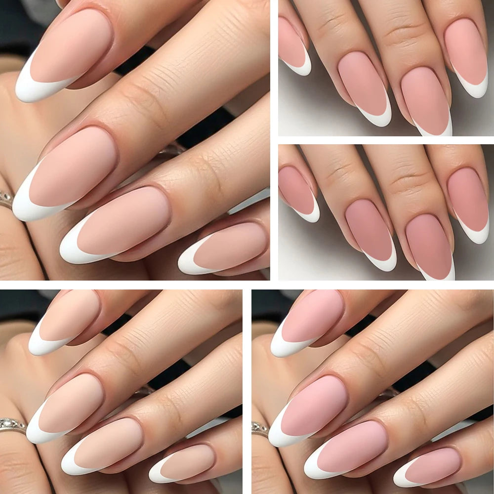 360Pcs Almond French Tip Press On Nails - Glossy Matte Full Cover White Edge False Nail Tips for Women DIY Manicure