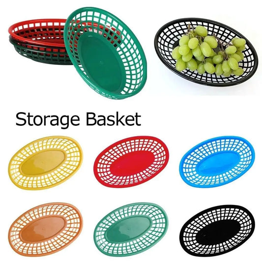 Fries Burger Serving Baskets - Colorful Oval Plastic Food Trays for Fast Food, Hot Dogs, Snacks & Reusable Restaurant Service