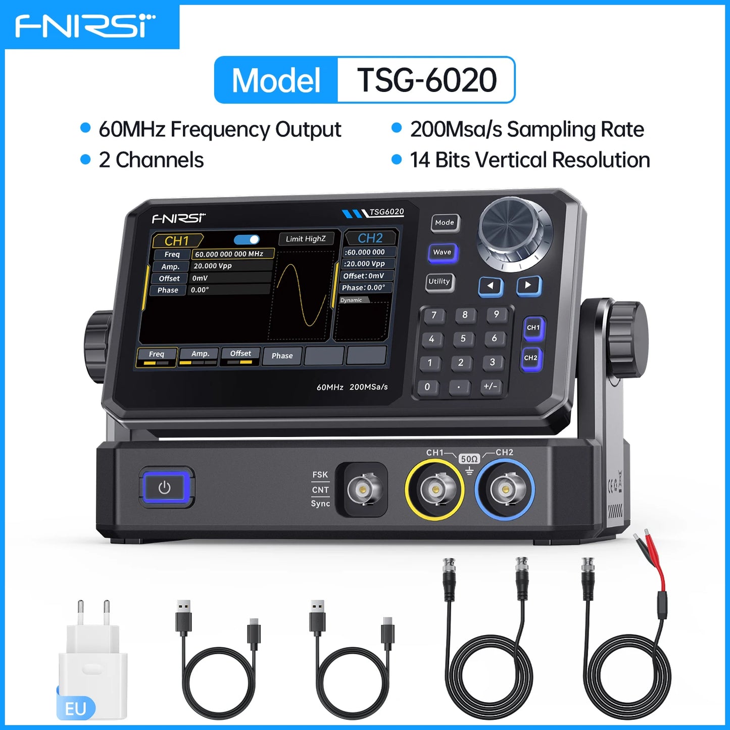 FNIRSI TSG6020/TSG3020 Signal Generator - Dual-Channel 60MHz/30MHz 200MSa/s Function Generator with 4.3" Touchscreen for Electronics Testing