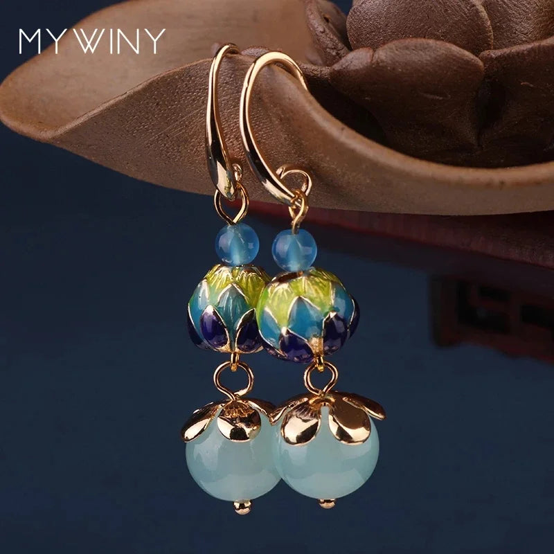 Vintage Flower Drop Earrings - Natural Stone Ethnic Jewelry for Women