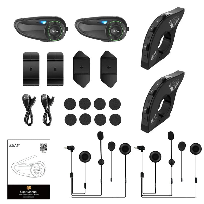 EJEAS Q8 Motorcycle Mesh Intercom – Bluetooth 5.1 Headset with EUC Remote Walkie Talkie for 6 Riders