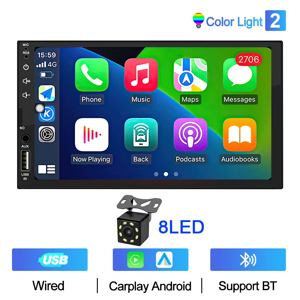 XIMA 7-Inch 2DIN Android Car Radio - Touchscreen MP5, CarPlay, Bluetooth, FM, USB & Camera