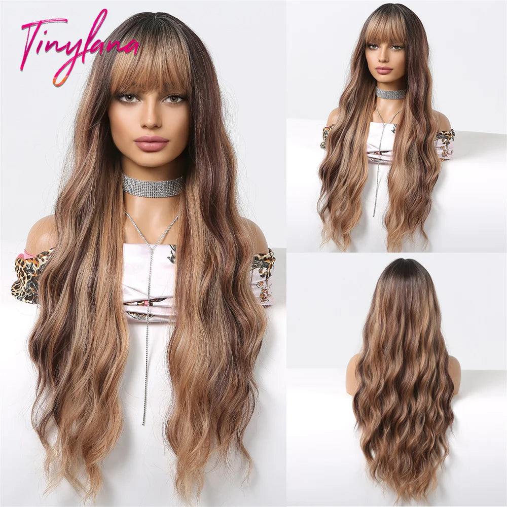 Super Long Curly Wavy Brown Synthetic Wig with Bangs – Heat-Resistant Afro Style for Cosplay, Party, Halloween, White Women